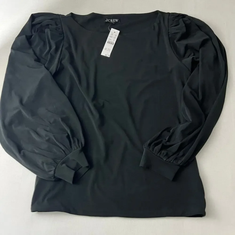 J. Crew Matte Jersey Puff Sleeve Shirt Black Women Size‎ Medium NEW